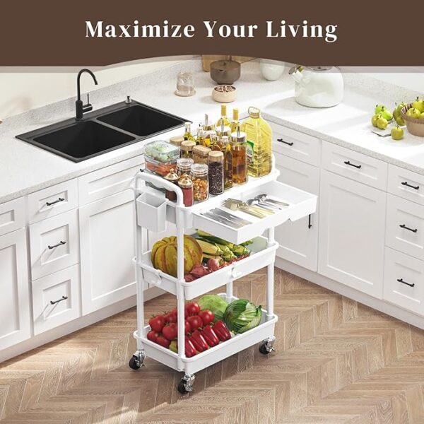 LIMITED TIME DEAL 45% saving with applied cod [ RGJIU3FQ] Rolling Utility Cart with Drawer 3 Tier - Image 3