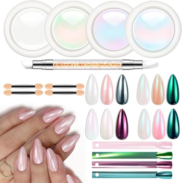 Modelones Chrome Nail Powder, 4 Colors Magic White Mermaid Pearl Chrome Powder for Nails with Tools Chrome Powder Kit