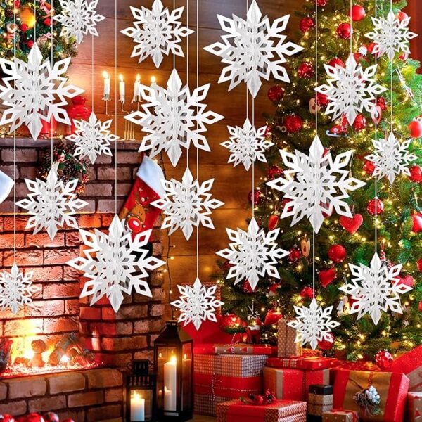 12PCS Christmas Snowflake Decorations, 3D Large White Paper Snowflakes Garland Hanging Snowflakes for Christmas Party - Image 2