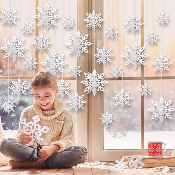 12PCS Christmas Snowflake Decorations, 3D Large White Paper Snowflakes Garland Hanging Snowflakes for Christmas Party - Image 3